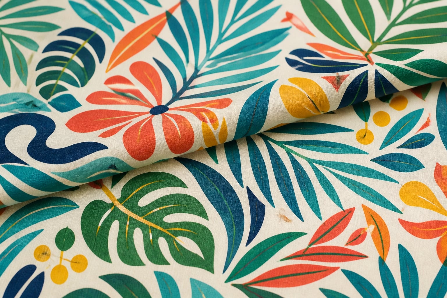 1960s-inspired tropical textile with bold leaves, petals, waves, and saturated color