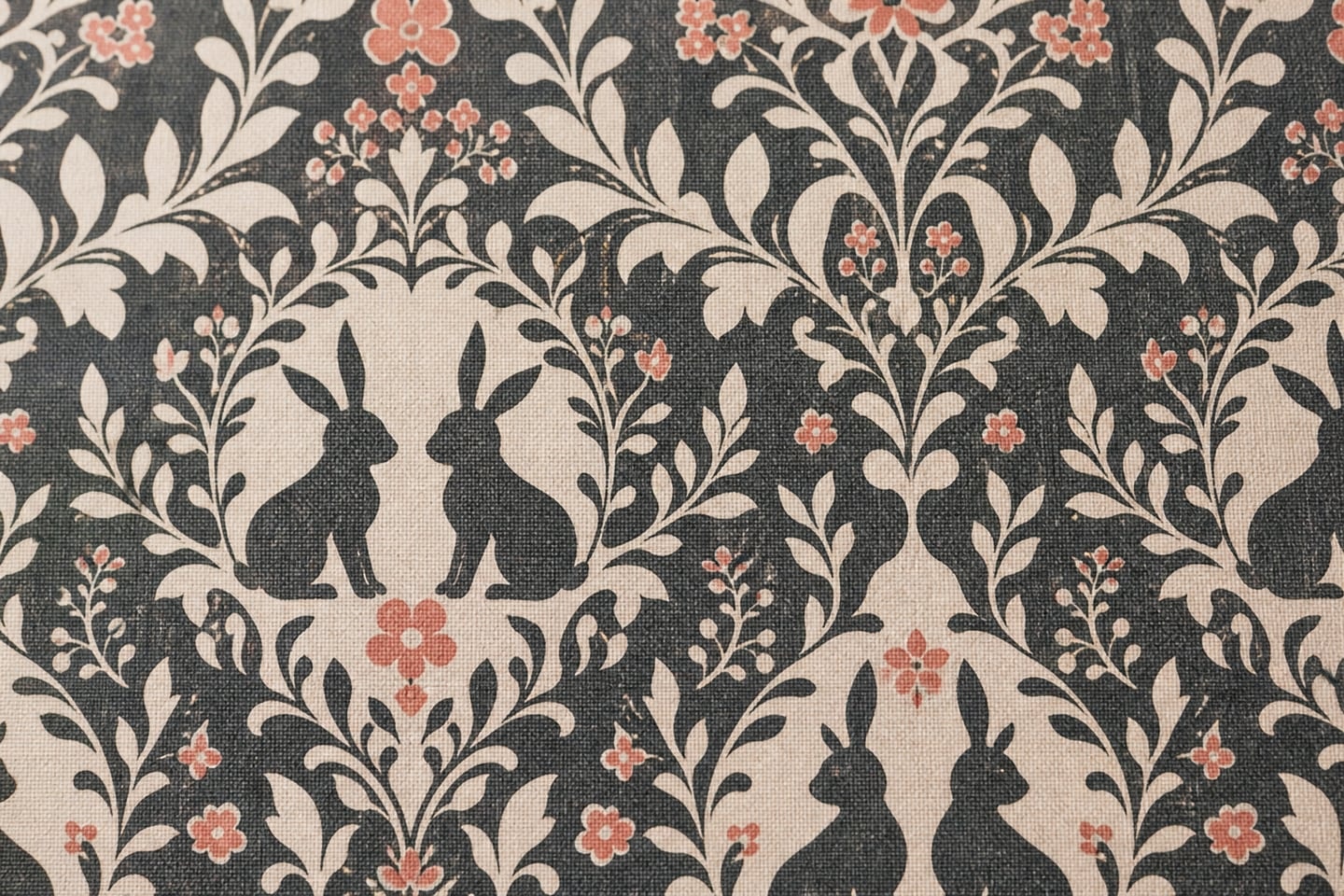 Damask-inspired print with mirrored generic bunny silhouettes and branching foliage