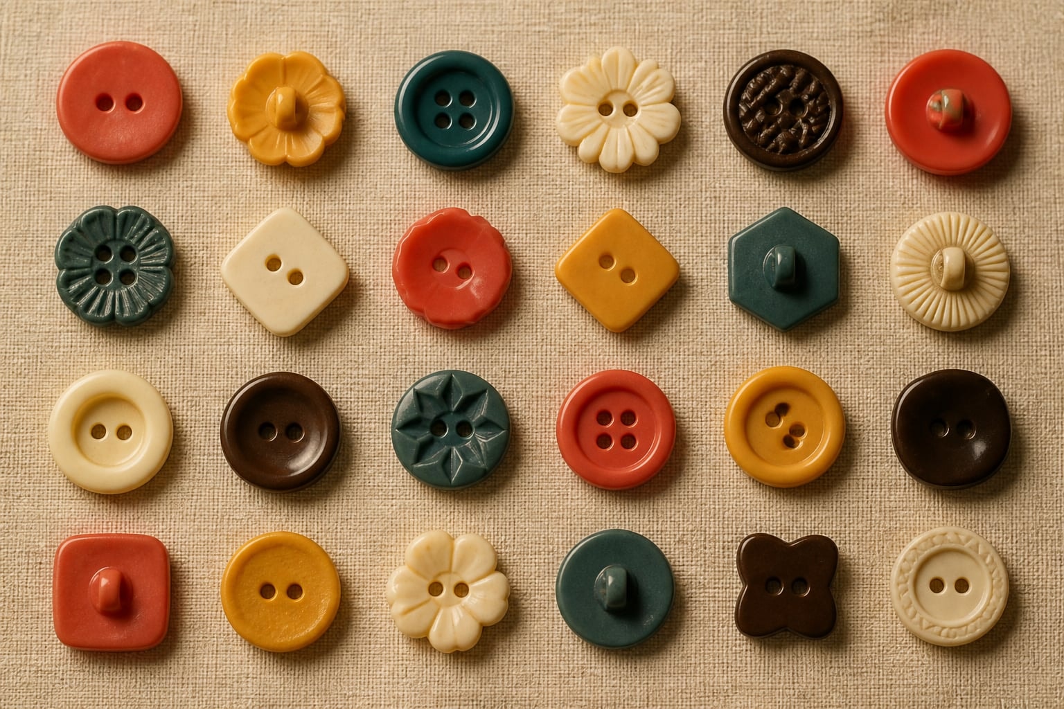 Retro-inspired buttons arranged to show shape, surface, and attachment styles