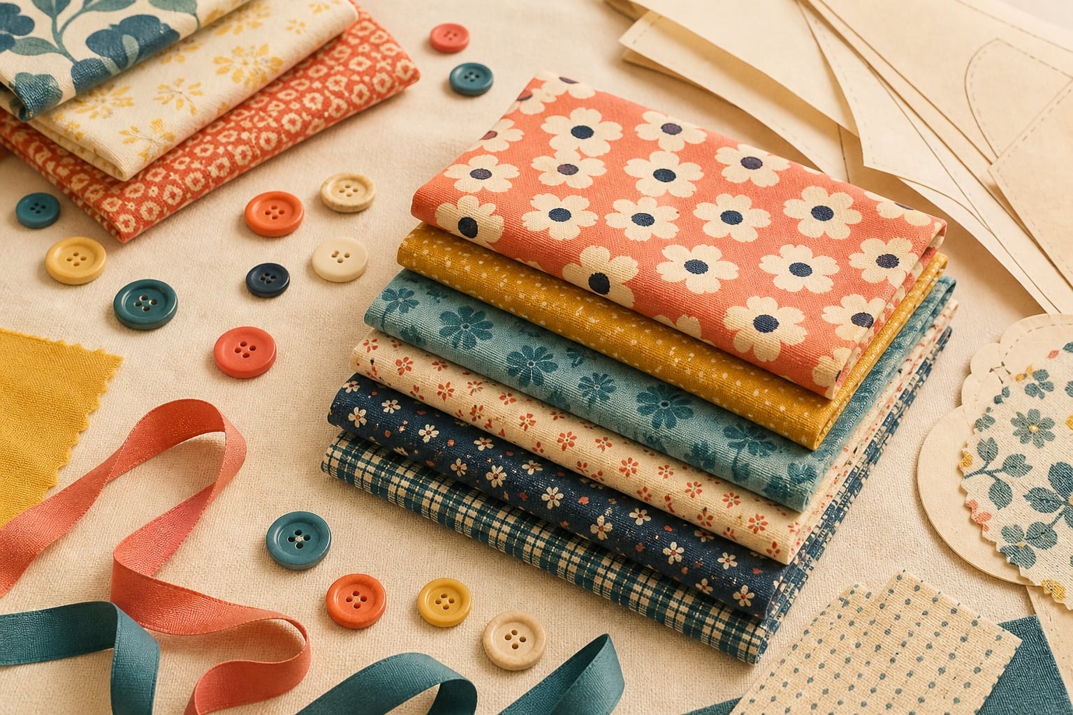 Retro-inspired fabric swatches and sewing notions arranged as an editorial textile study
