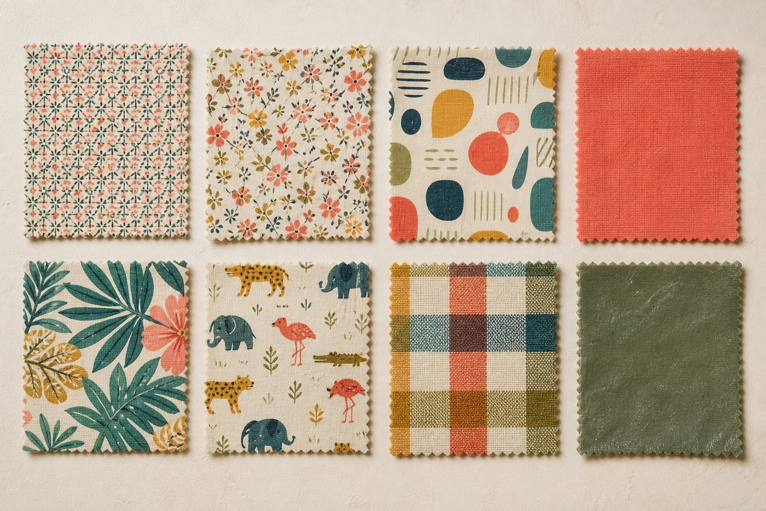 Anonymous fabric swatches showing varied geometric, floral, and novelty motif families