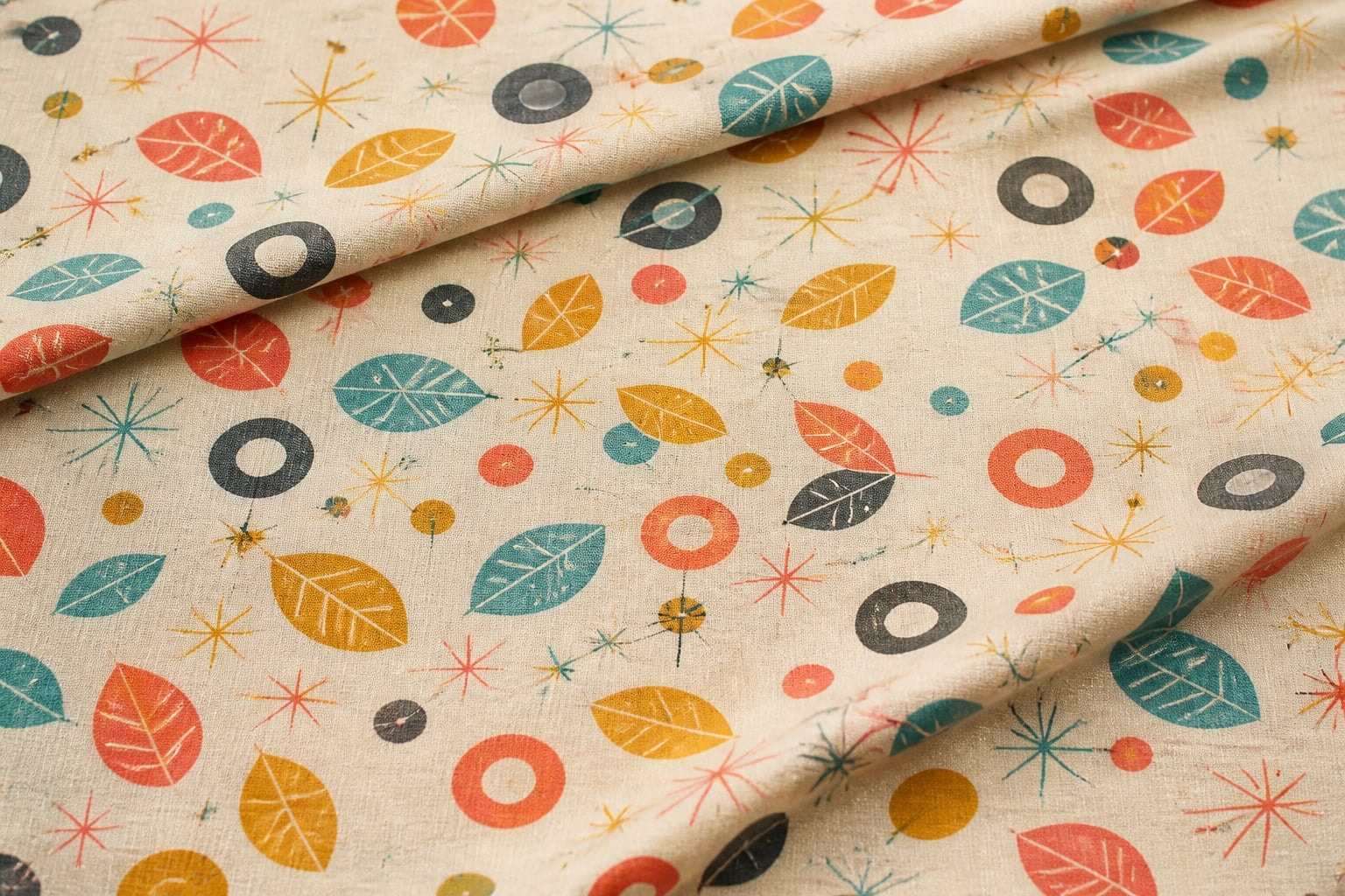 Fifties-inspired small-scale fabric repeat with abstract motifs and a limited palette