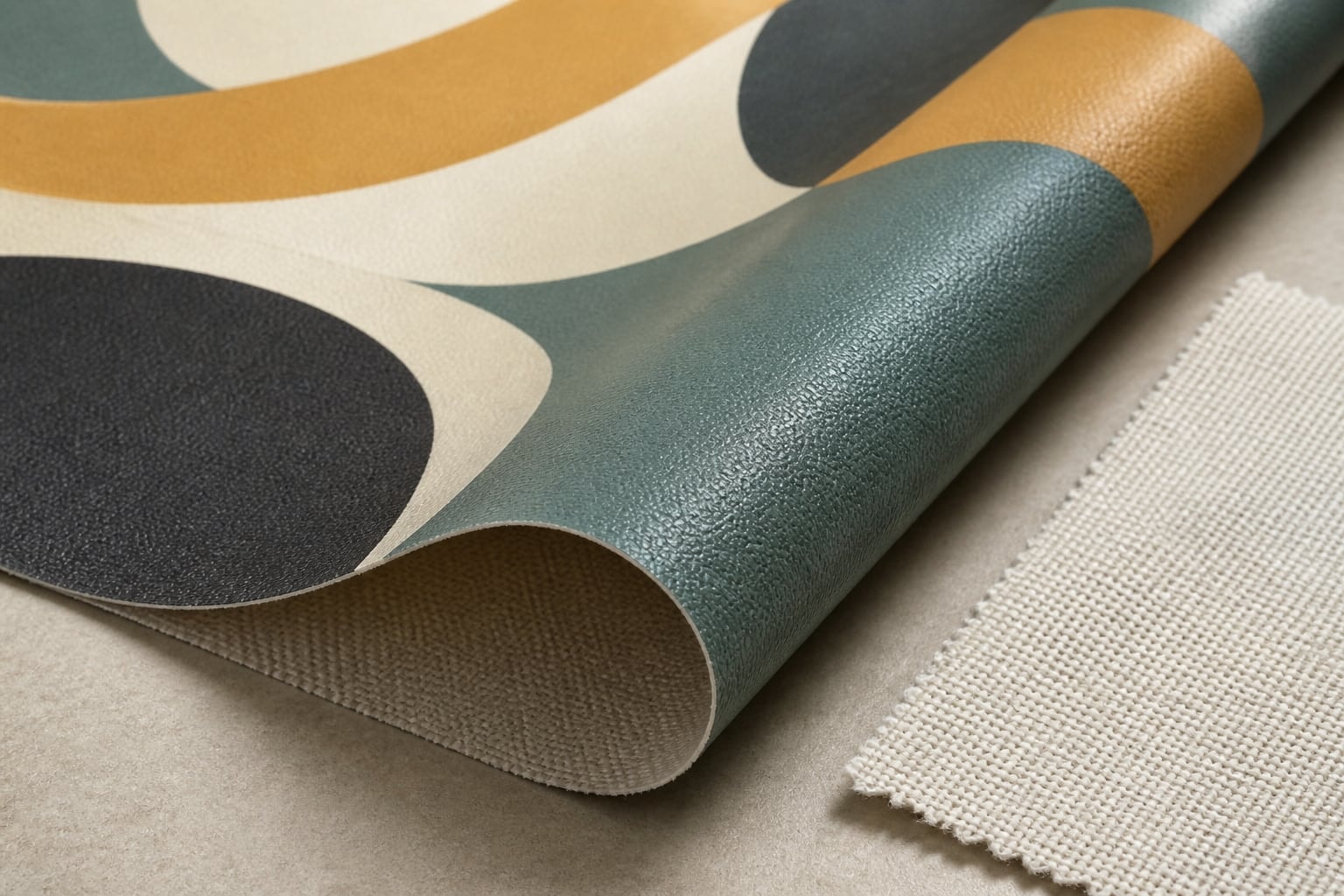 Vinyl-coated patterned fabric showing gloss, backing, and a broad supported curve