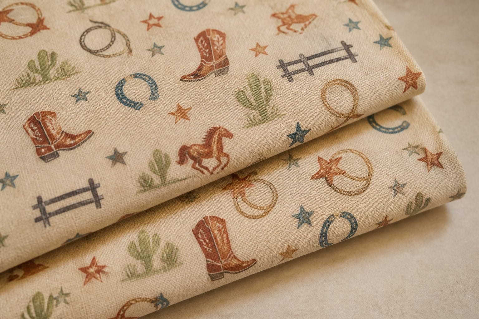 Western-inspired fabric with generic scenic motifs in an earthy palette